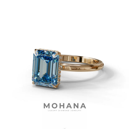 3 Carat Blue Emerald Cut Hidden Halo & Claw Setting Lab Grown Diamond Ring