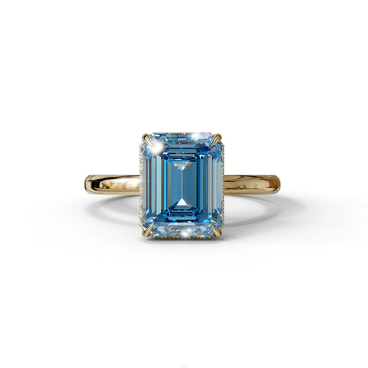 3 Carat Blue Emerald Cut Hidden Halo & Claw Setting Lab Grown Diamond Ring - 10K Solid Gold / Yellow Gold