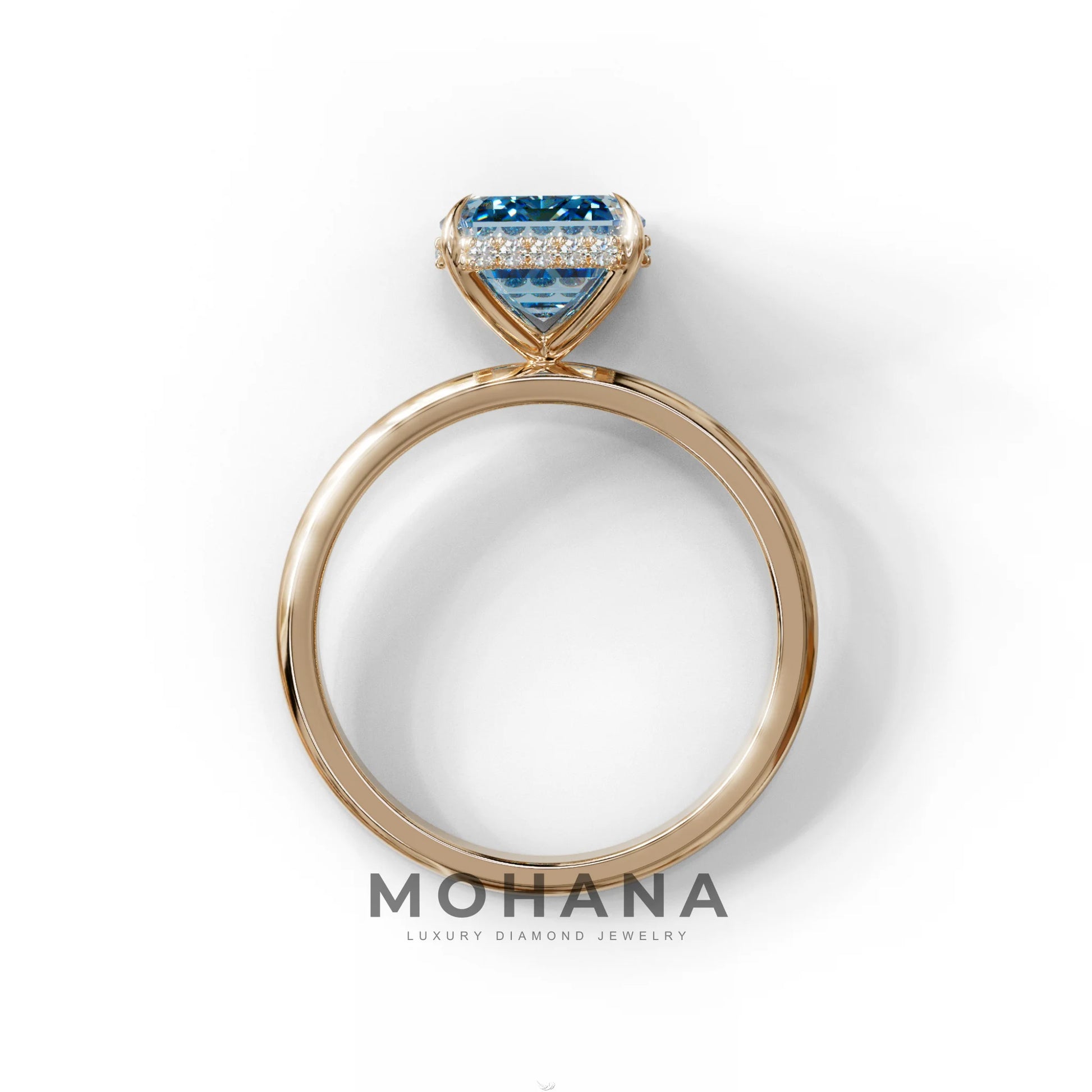 3 Carat Blue Emerald Cut Hidden Halo & Claw Setting Lab Grown Diamond Ring