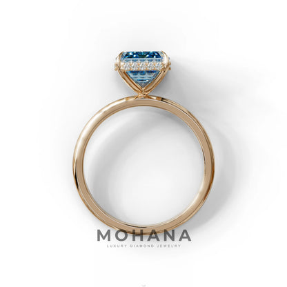 3 Carat Blue Emerald Cut Hidden Halo & Claw Setting Lab Grown Diamond Ring