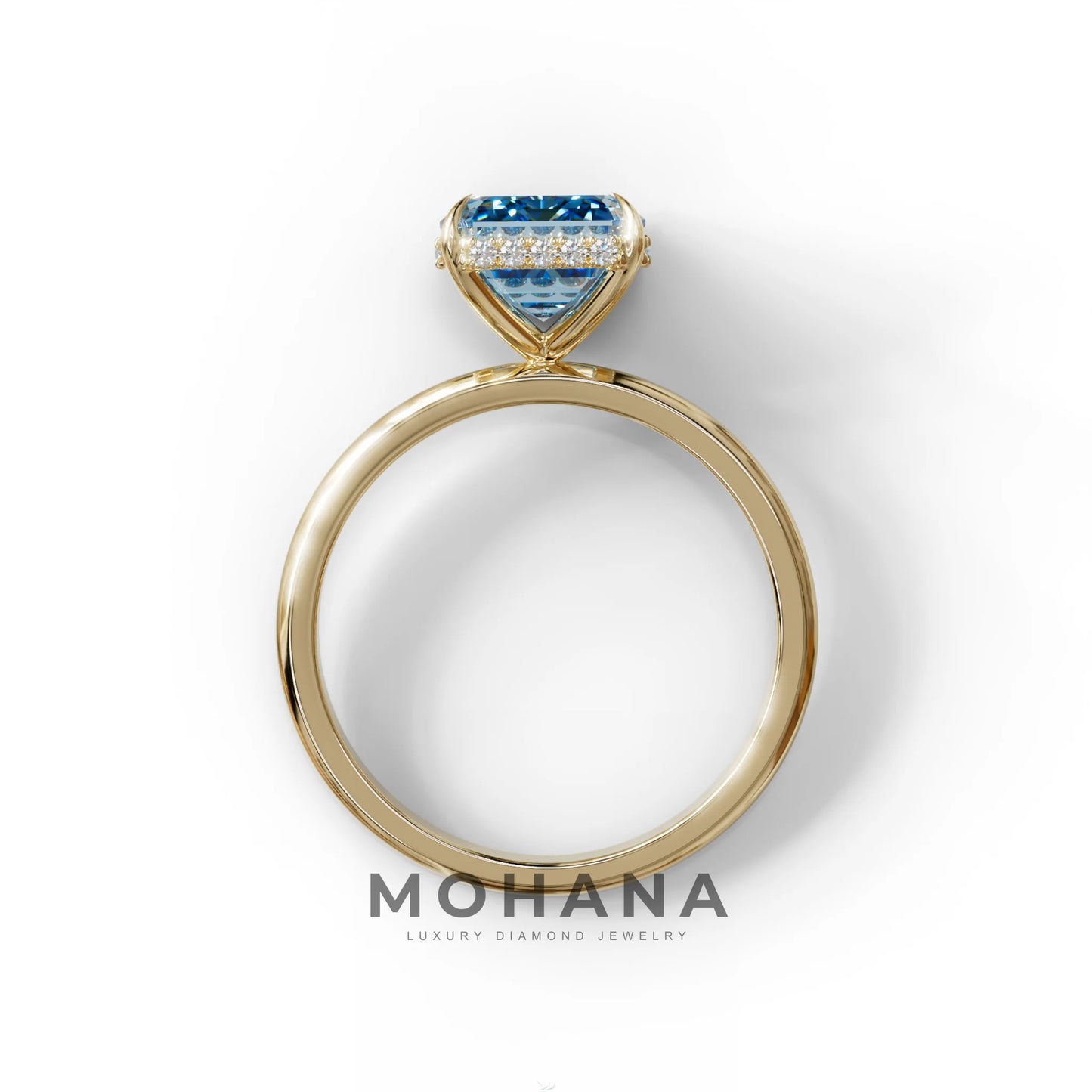 3 Carat Blue Emerald Cut Hidden Halo & Claw Setting Lab Grown Diamond Ring