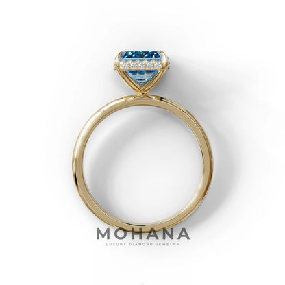 3 Carat Blue Emerald Cut Hidden Halo & Claw Setting Lab Grown Diamond Ring
