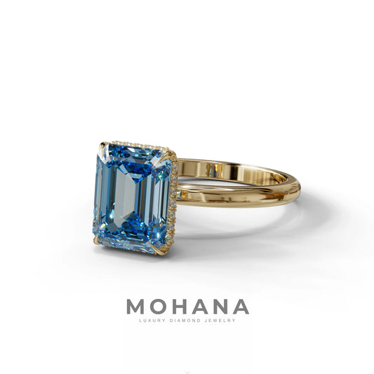 3 Carat Blue Emerald Cut Hidden Halo & Claw Setting Lab Grown Diamond Ring