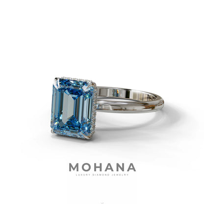 3 Carat Blue Emerald Cut Hidden Halo & Claw Setting Lab Grown Diamond Ring