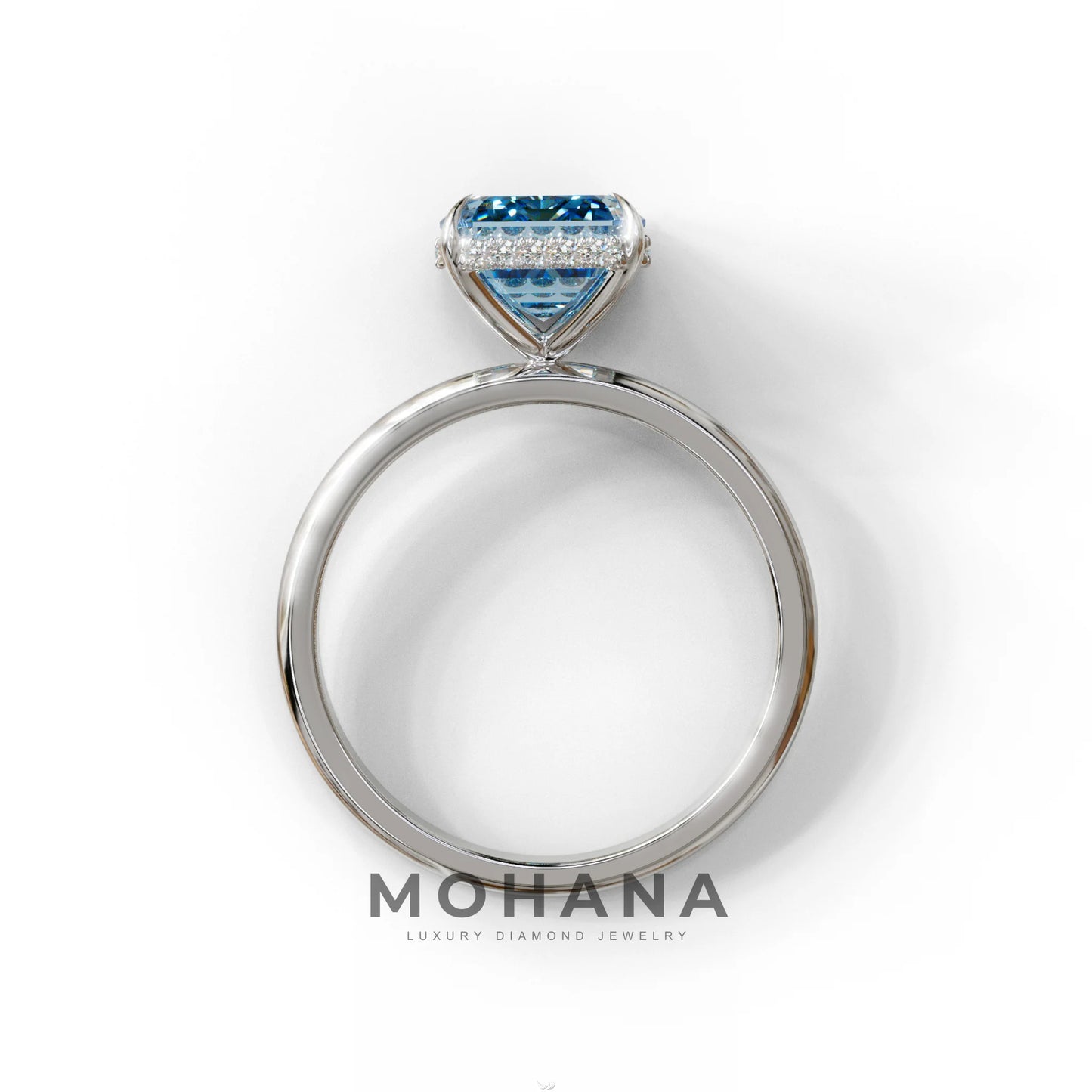 3 Carat Blue Emerald Cut Hidden Halo & Claw Setting Lab Grown Diamond Ring