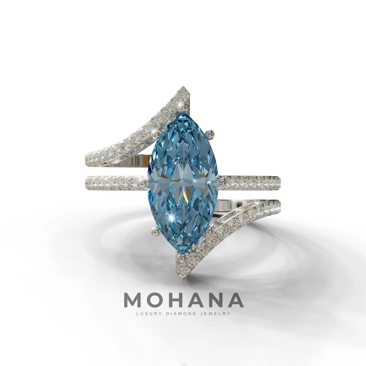 3 Carat Marquise Cut Blue Lab Diamond Ring with Double Pave Setting - 10K Solid Gold / White Gold