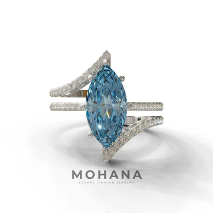 3 Carat Marquise Cut Blue Lab Diamond Ring with Double Pave Setting - 10K Solid Gold / White Gold