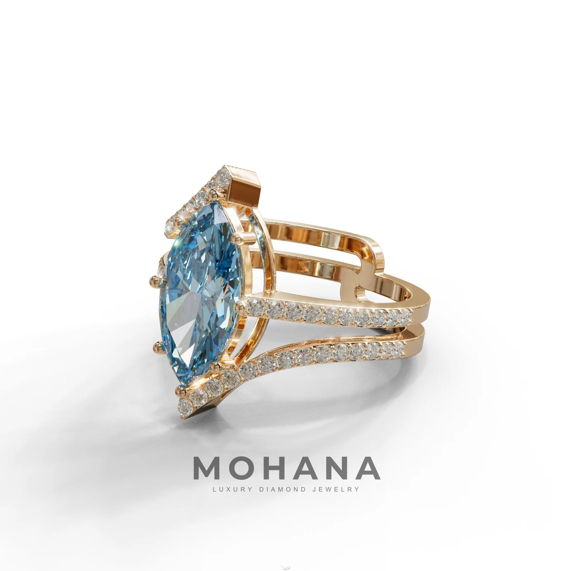 3 Carat Marquise Cut Blue Lab Diamond Ring with Double Pave Setting