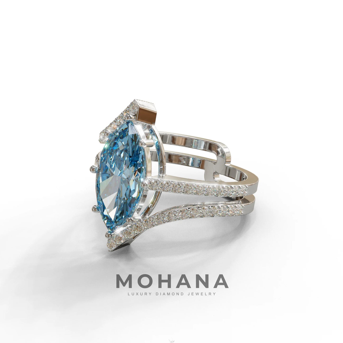 3 Carat Marquise Cut Blue Lab Diamond Ring with Double Pave Setting