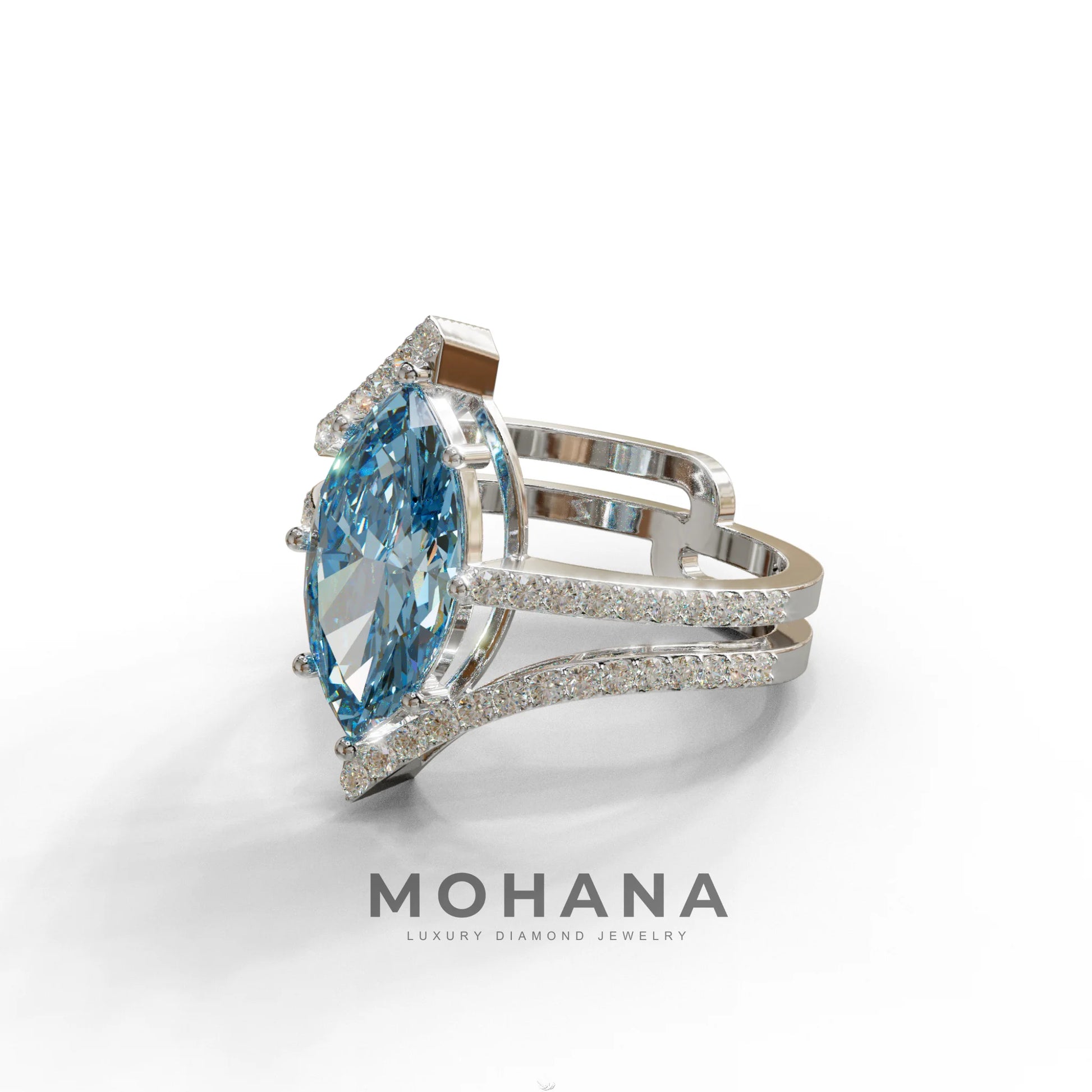 3 Carat Marquise Cut Blue Lab Diamond Ring with Double Pave Setting