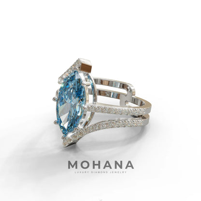 3 Carat Marquise Cut Blue Lab Diamond Ring with Double Pave Setting