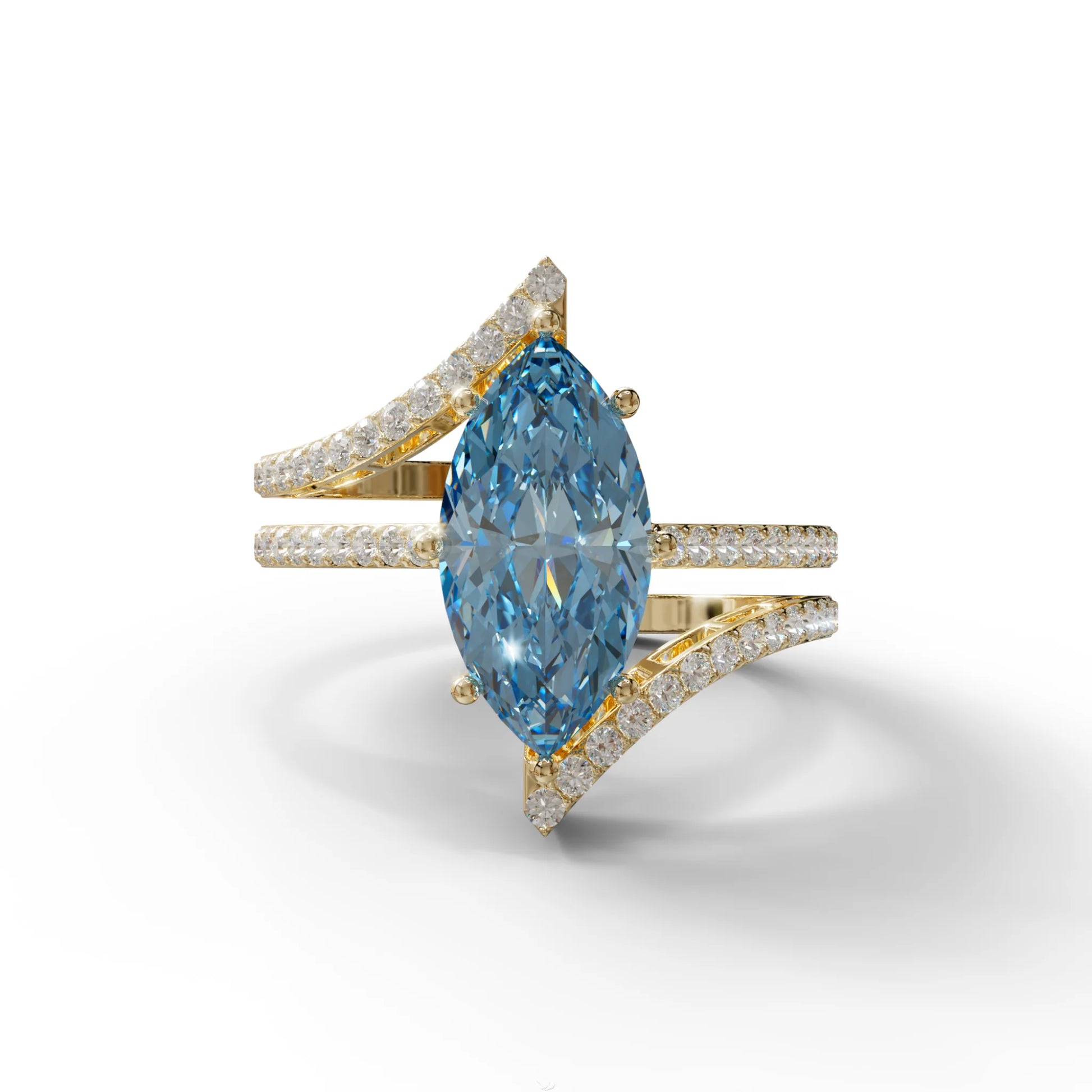 3 Carat Marquise Cut Blue Lab Diamond Ring with Double Pave Setting - 10K Solid Gold / Yellow Gold