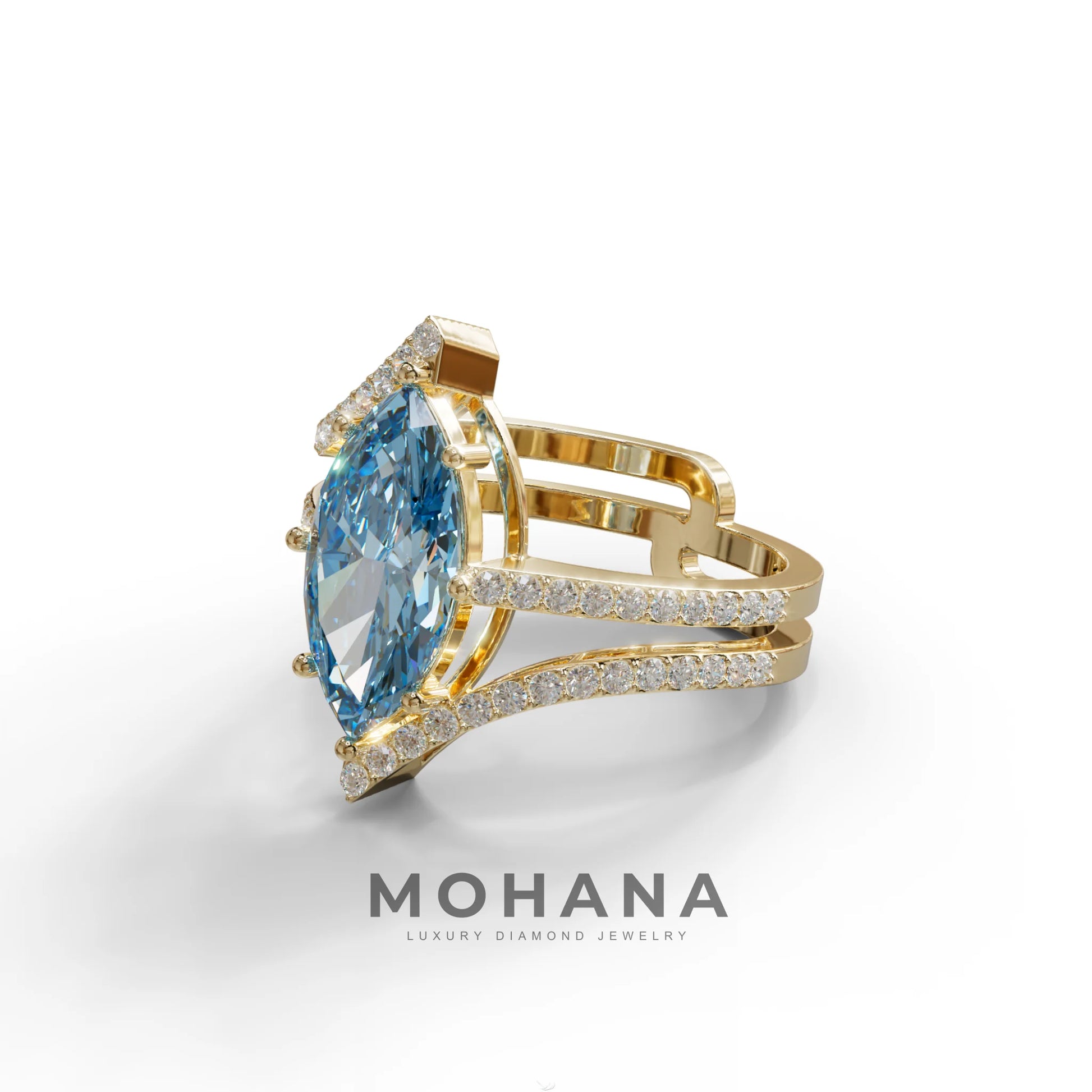 3 Carat Marquise Cut Blue Lab Diamond Ring with Double Pave Setting