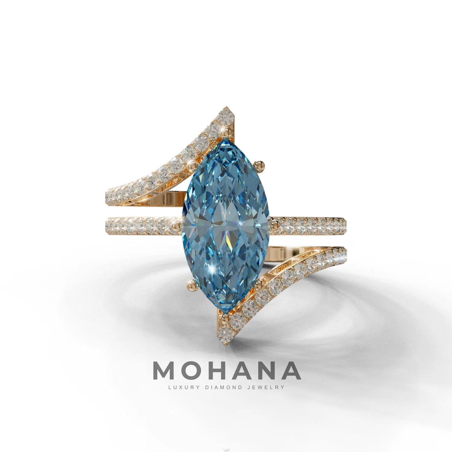 3 Carat Marquise Cut Blue Lab Diamond Ring with Double Pave Setting - 10K Solid Gold / Rose Gold