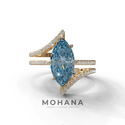 3 Carat Marquise Cut Blue Lab Diamond Ring with Double Pave Setting - 10K Solid Gold / Rose Gold
