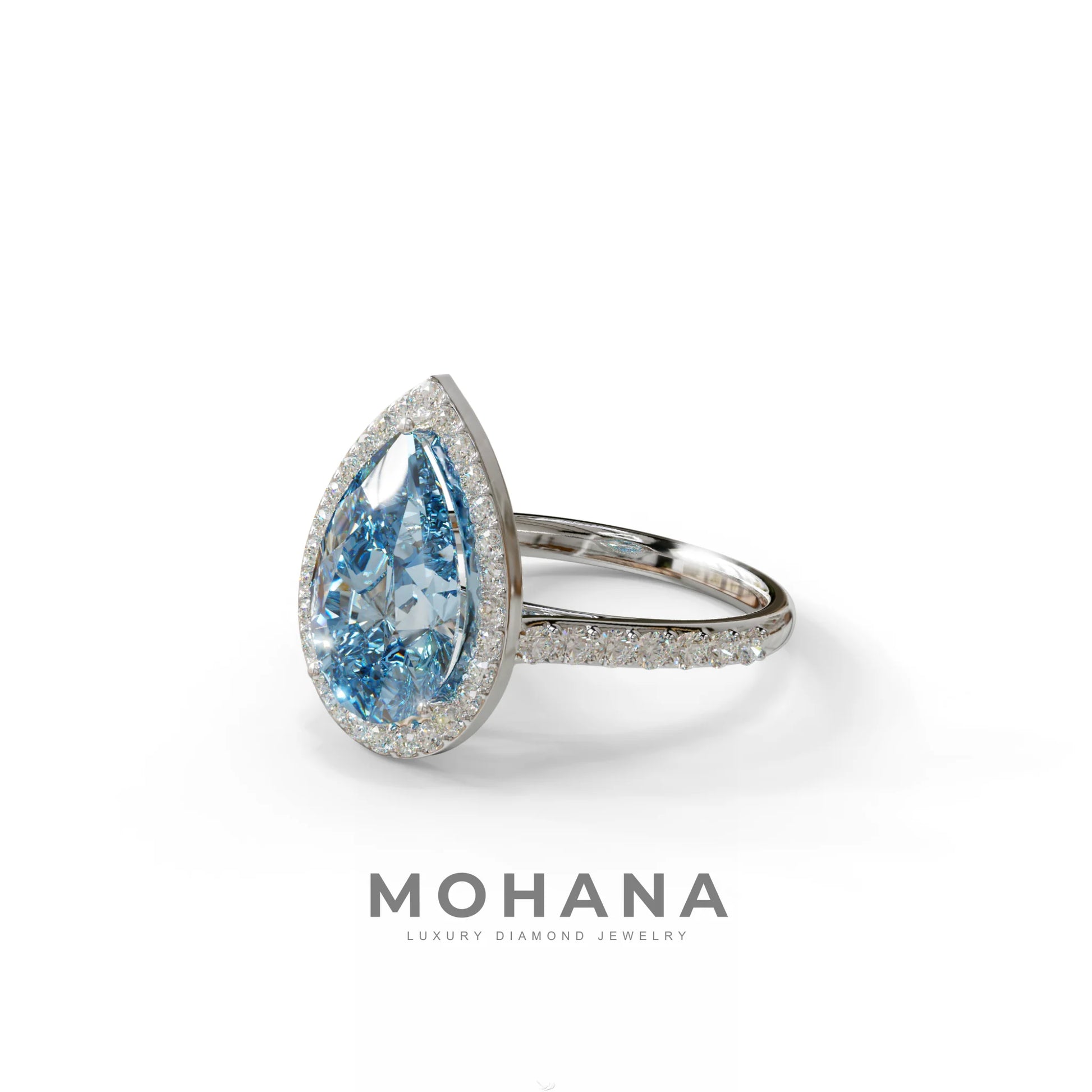 3 Carat Blue Pear Cut Halo & Pave Setting Lab Grown Diamond Ring - Madona