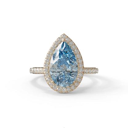 3 Carat Blue Pear Cut Halo & Pave Setting Lab Grown Diamond Ring - Madona - 10K Solid Gold / Rose Gold
