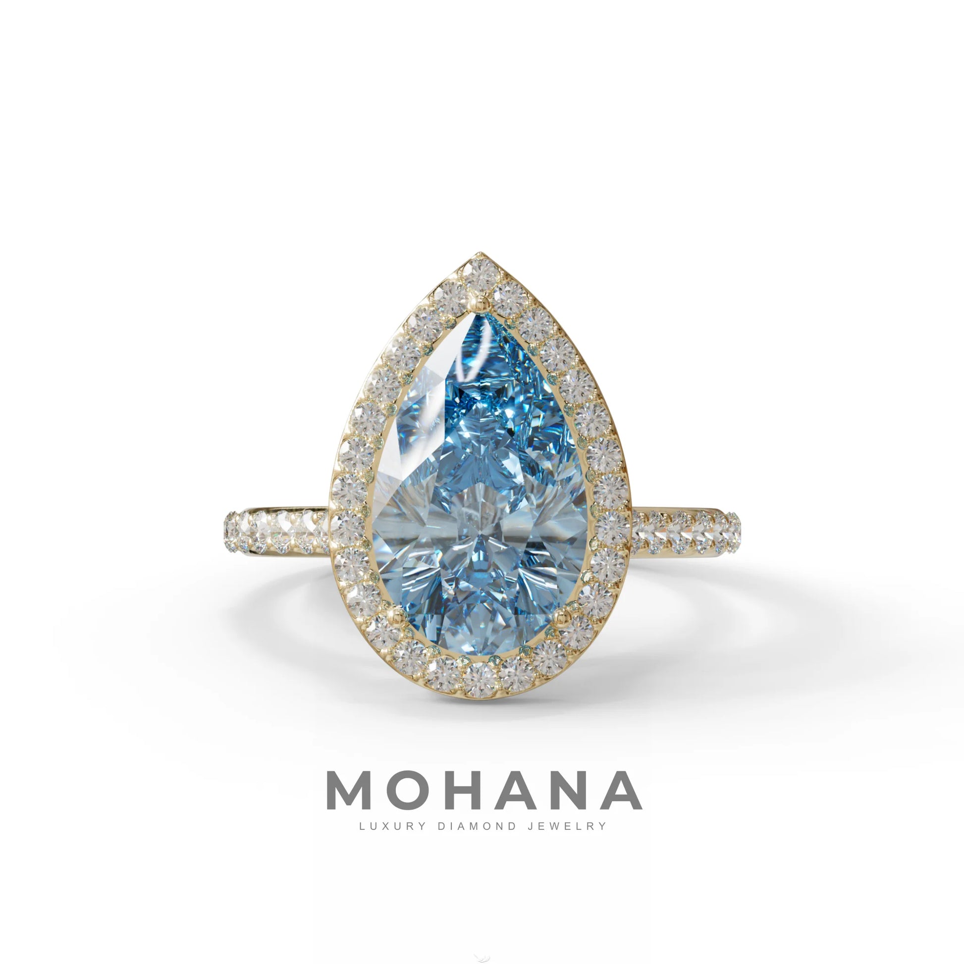 3 Carat Blue Pear Cut Halo & Pave Setting Lab Grown Diamond Ring - Madona - 10K Solid Gold / Yellow Gold