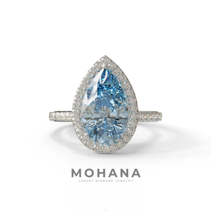 3 Carat Blue Pear Cut Halo & Pave Setting Lab Grown Diamond Ring - Madona - 10K Solid Gold / White Gold