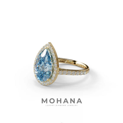 3 Carat Blue Pear Cut Halo & Pave Setting Lab Grown Diamond Ring - Madona