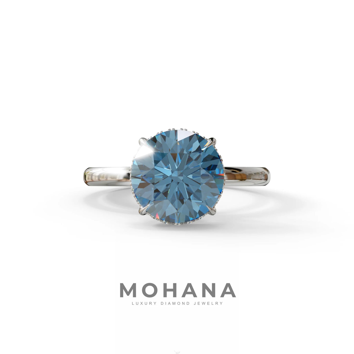 3 Carat Round Blue Hidden Halo Lab Diamond Ring - Luxe Cercle - 10K Solid Gold / White Gold