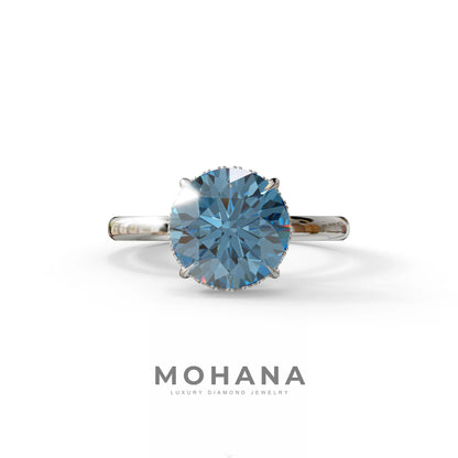 3 Carat Round Blue Hidden Halo Lab Diamond Ring - Luxe Cercle - 10K Solid Gold / White Gold