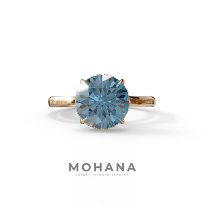 3 Carat Round Blue Hidden Halo Lab Diamond Ring - Luxe Cercle - 10K Solid Gold / Rose Gold