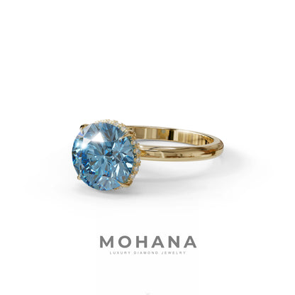 3 Carat Round Blue Hidden Halo Lab Diamond Ring - Luxe Cercle
