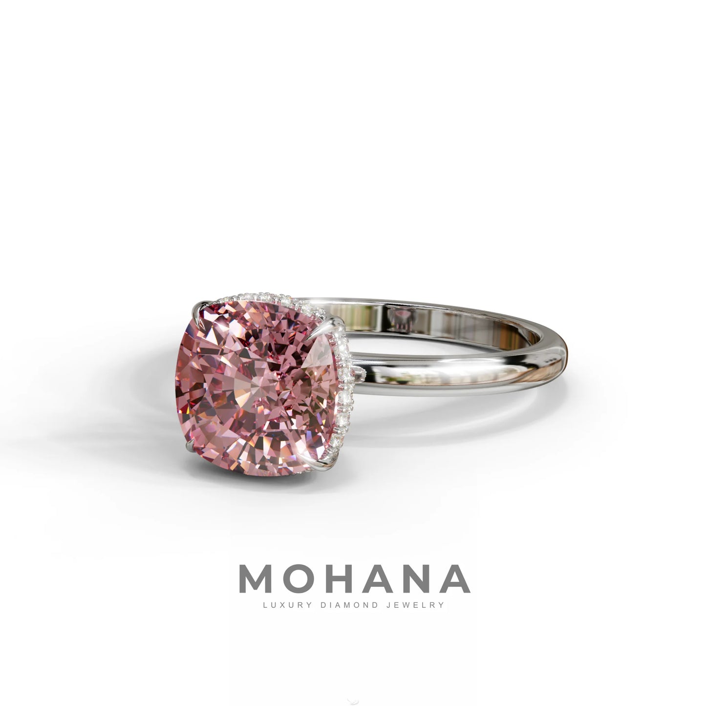 3 Carat Pink Cushion Lab Diamond Hidden Halo Ring