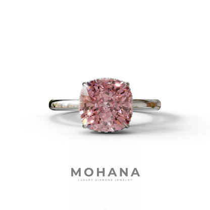 3 Carat Pink Cushion Lab Diamond Hidden Halo Ring - 10K Solid Gold / White Gold