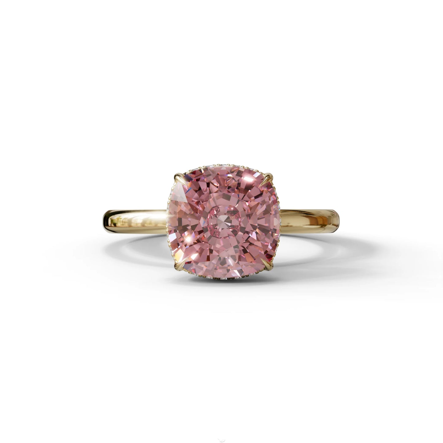3 Carat Pink Cushion Lab Diamond Hidden Halo Ring - 10K Solid Gold / Yellow Gold