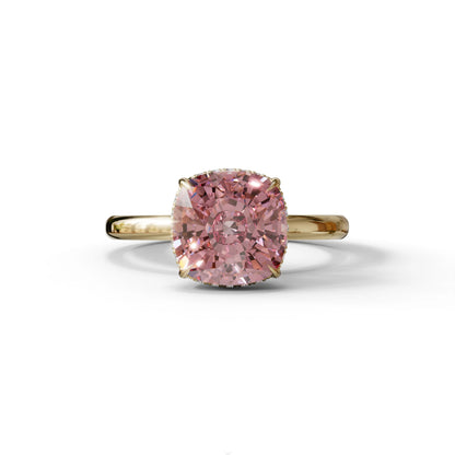 3 Carat Pink Cushion Lab Diamond Hidden Halo Ring - 10K Solid Gold / Yellow Gold