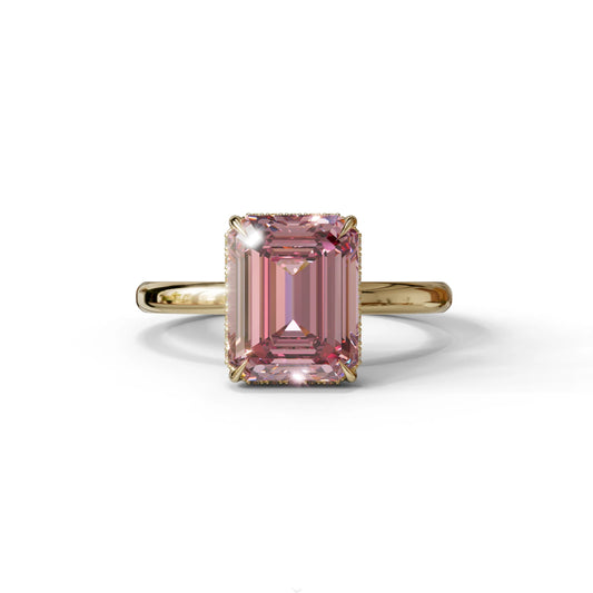 3 Carat Pink Emerald Cut Hidden Halo & Claw Setting Lab Grown Diamond Ring - 10K Solid Gold / Yellow Gold