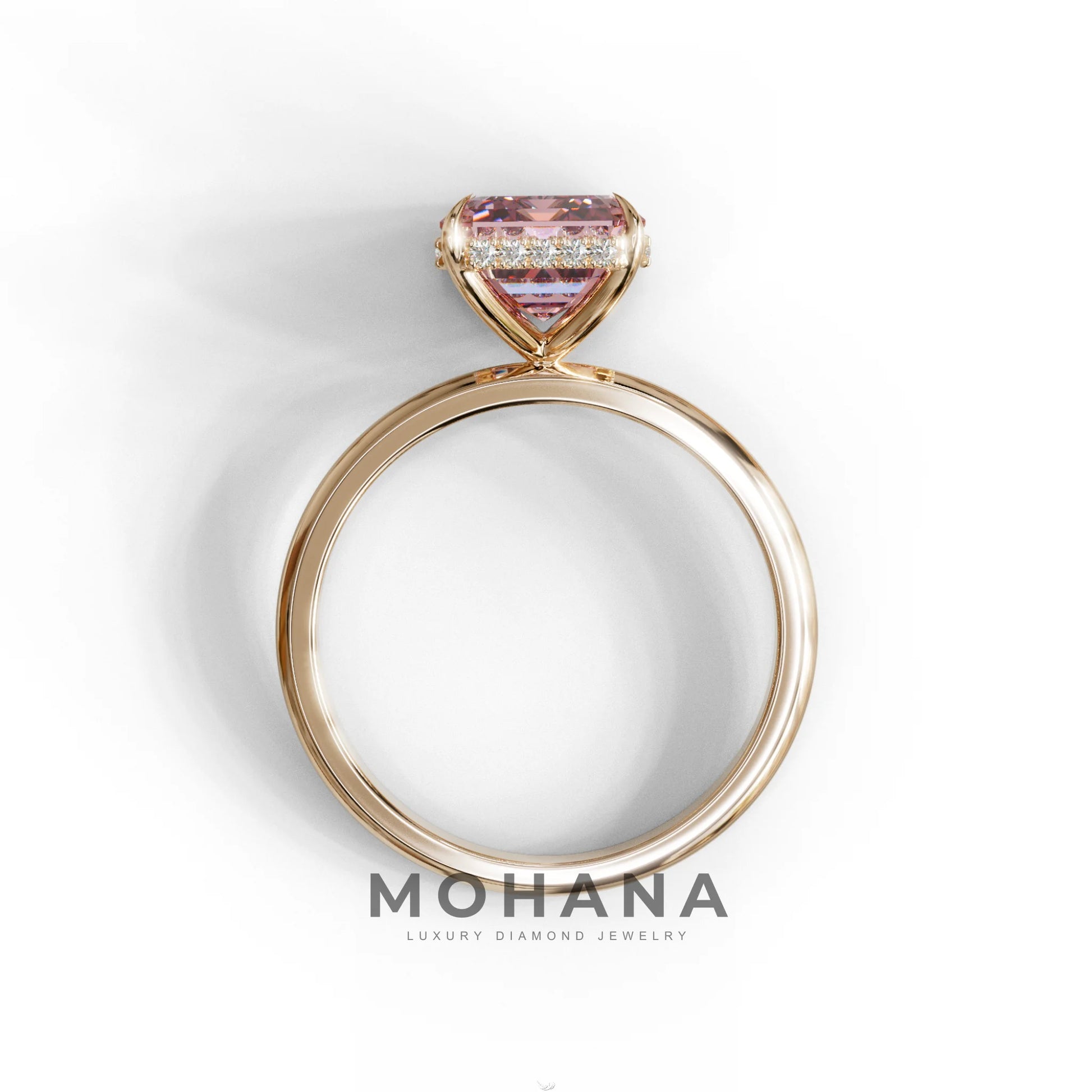 3 Carat Pink Emerald Cut Hidden Halo & Claw Setting Lab Grown Diamond Ring