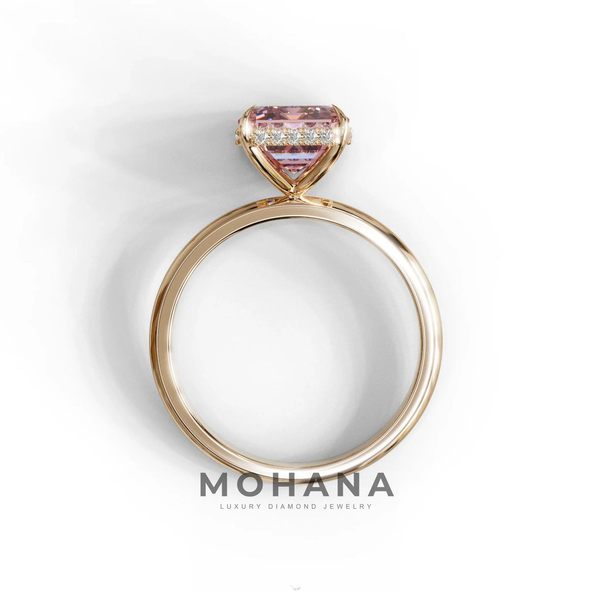 3 Carat Pink Emerald Cut Hidden Halo & Claw Setting Lab Grown Diamond Ring