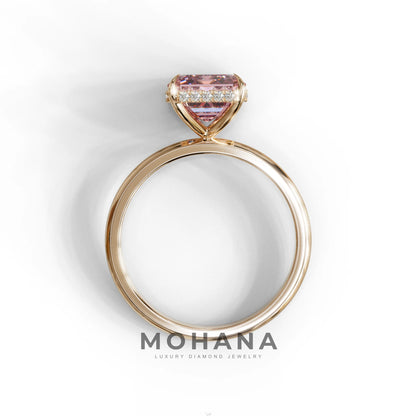 3 Carat Pink Emerald Cut Hidden Halo & Claw Setting Lab Grown Diamond Ring