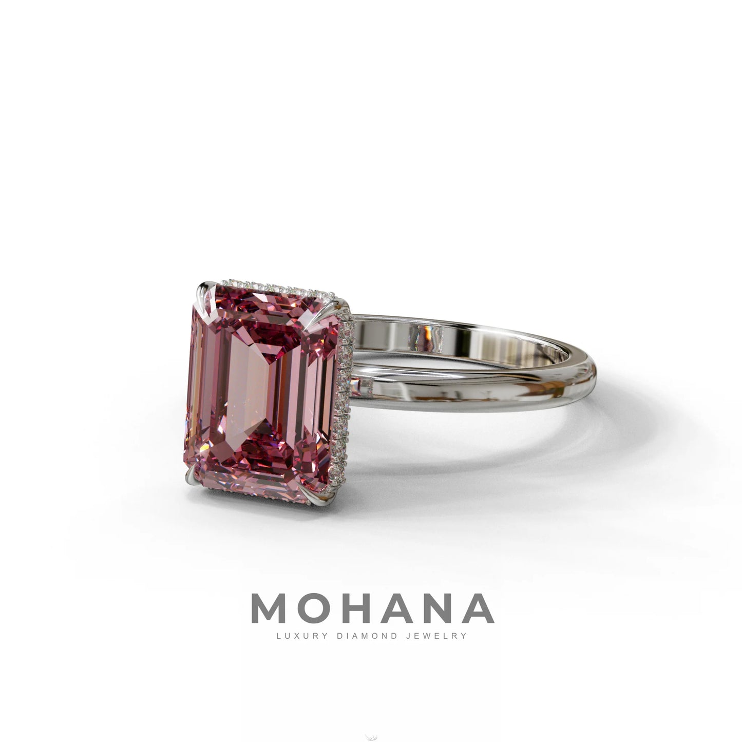 3 Carat Pink Emerald Cut Hidden Halo & Claw Setting Lab Grown Diamond Ring