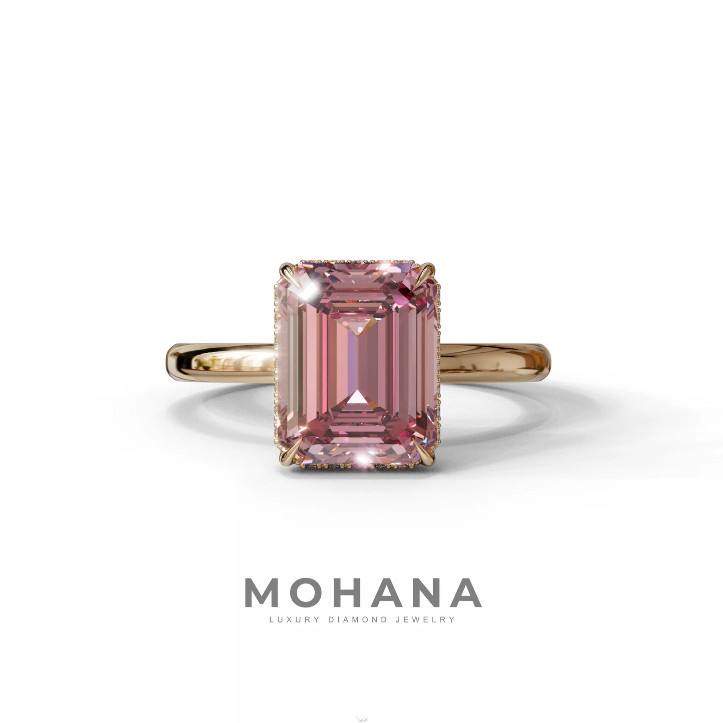 3 Carat Pink Emerald Cut Hidden Halo & Claw Setting Lab Grown Diamond Ring - 10K Solid Gold / Rose Gold