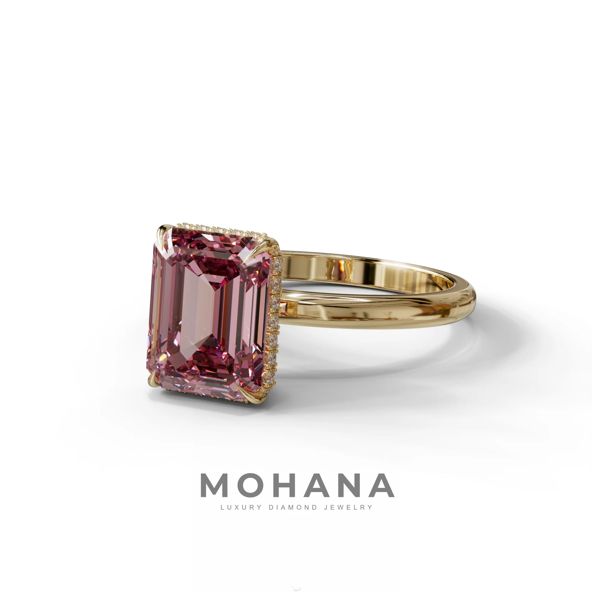 3 Carat Pink Emerald Cut Hidden Halo & Claw Setting Lab Grown Diamond Ring