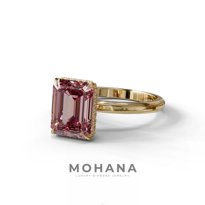 3 Carat Pink Emerald Cut Hidden Halo & Claw Setting Lab Grown Diamond Ring