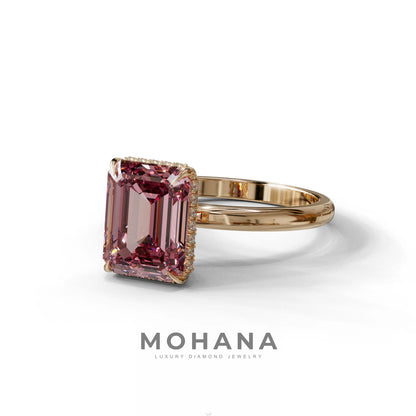 3 Carat Pink Emerald Cut Hidden Halo & Claw Setting Lab Grown Diamond Ring