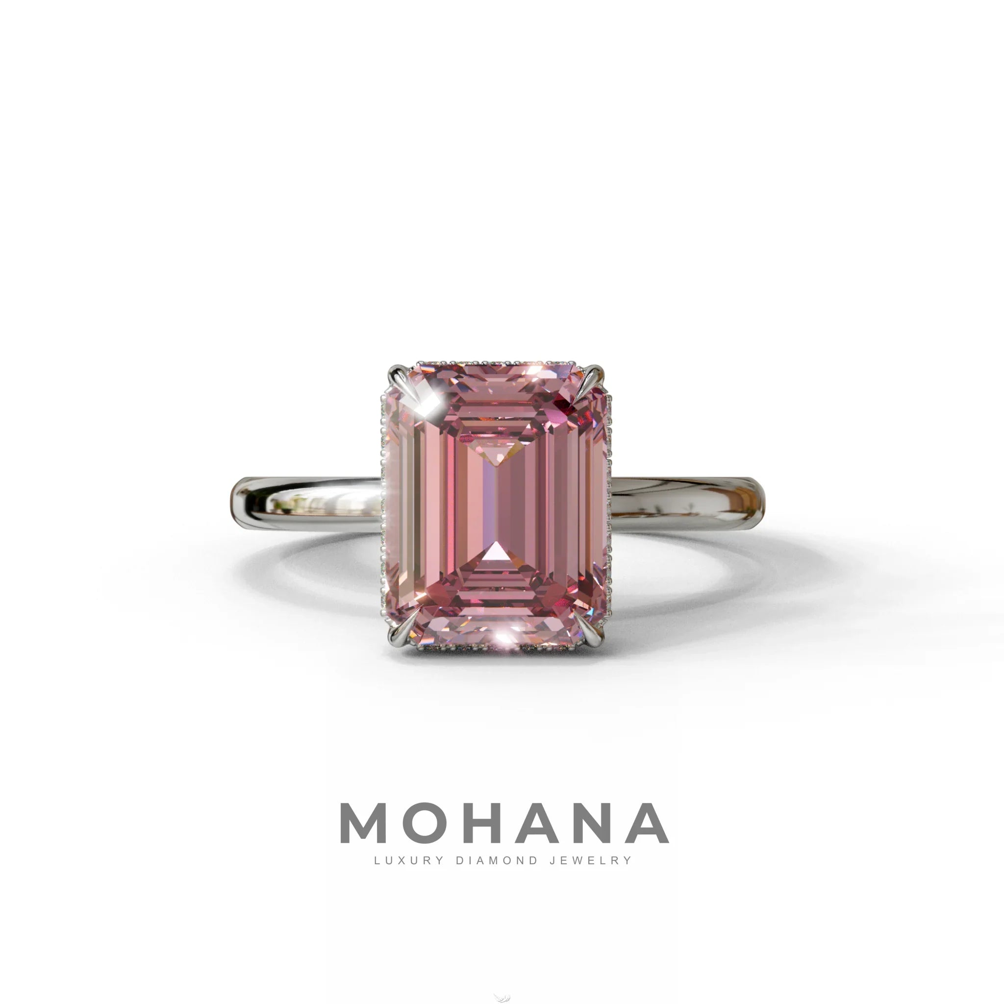 3 Carat Pink Emerald Cut Hidden Halo & Claw Setting Lab Grown Diamond Ring - 10K Solid Gold / White Gold