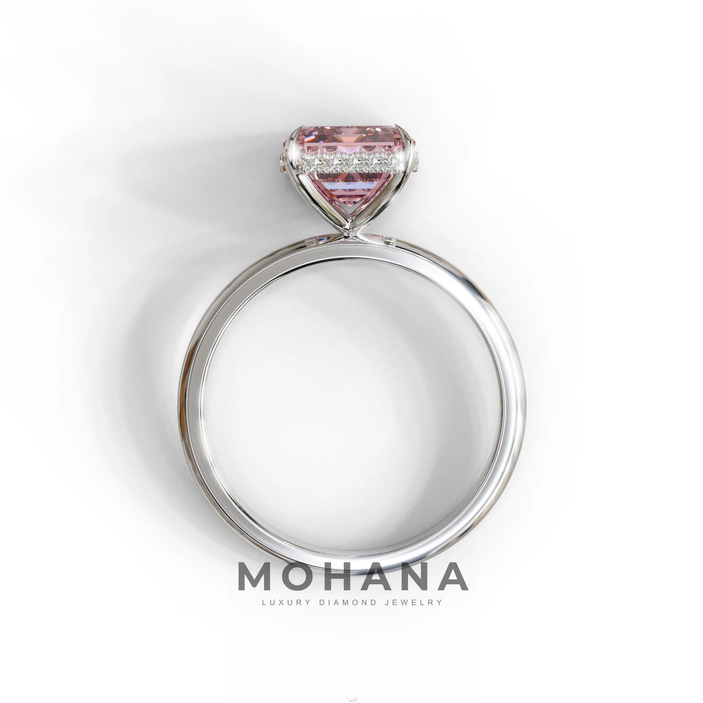 3 Carat Pink Emerald Cut Hidden Halo & Claw Setting Lab Grown Diamond Ring