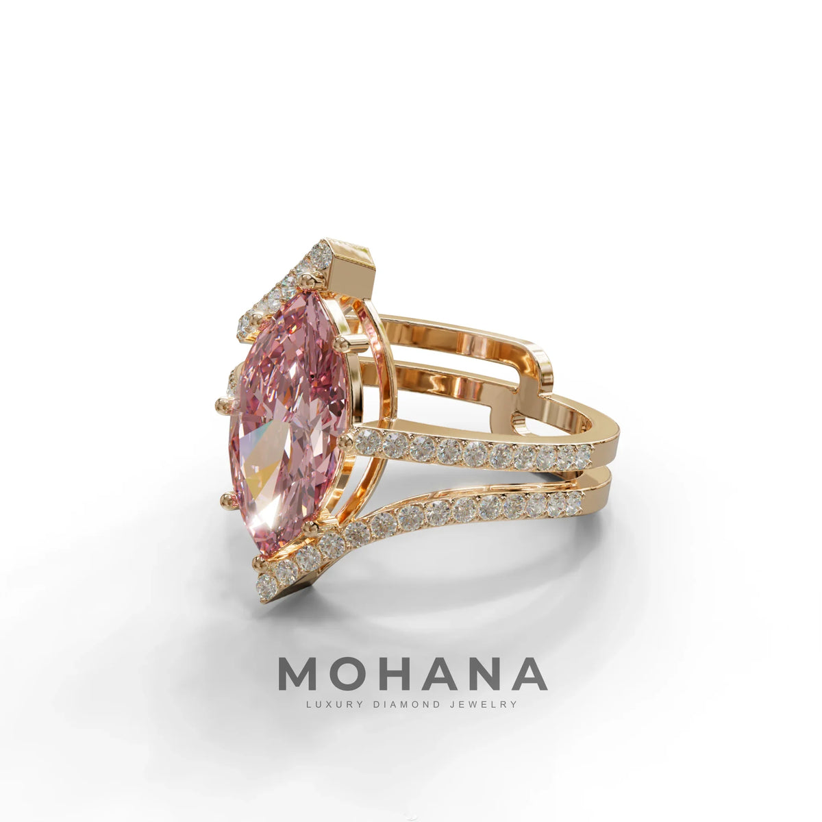 3 Carat Marquise Cut Pink Lab Diamond Ring with Double Pave Setting