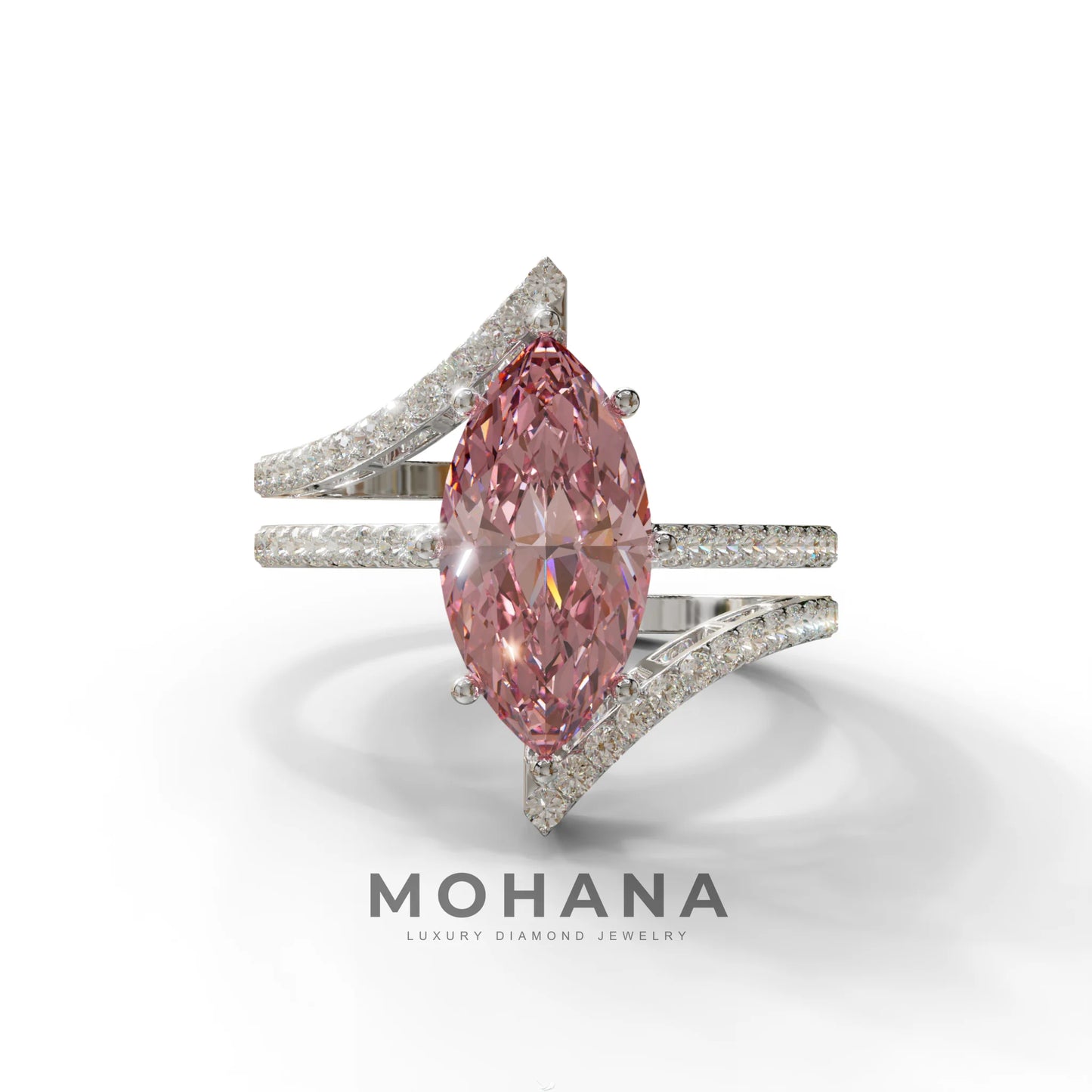 3 Carat Marquise Cut Pink Lab Diamond Ring with Double Pave Setting - 10K Solid Gold / White Gold