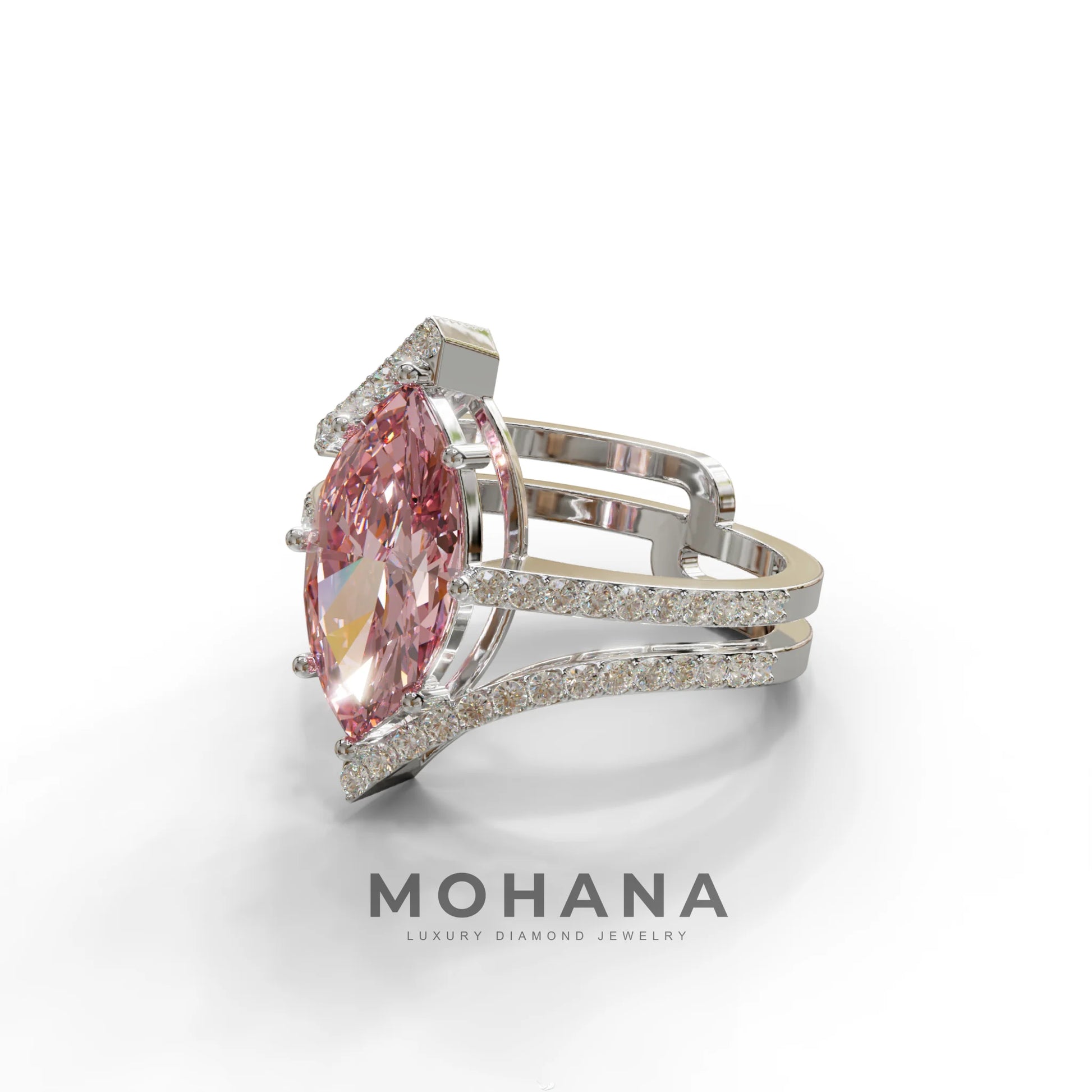 3 Carat Marquise Cut Pink Lab Diamond Ring with Double Pave Setting