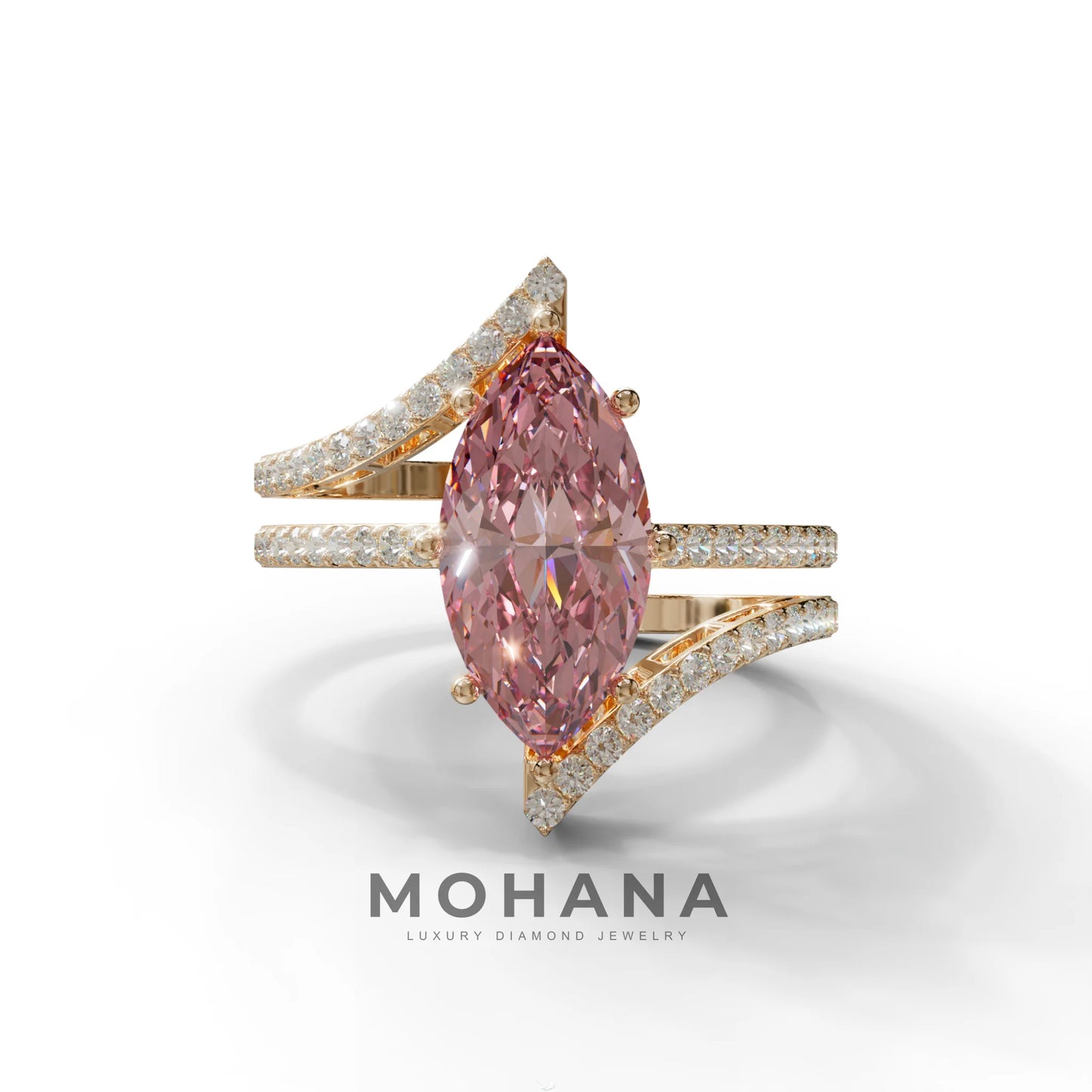 3 Carat Marquise Cut Pink Lab Diamond Ring with Double Pave Setting - 10K Solid Gold / Rose Gold