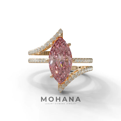 3 Carat Marquise Cut Pink Lab Diamond Ring with Double Pave Setting - 10K Solid Gold / Rose Gold