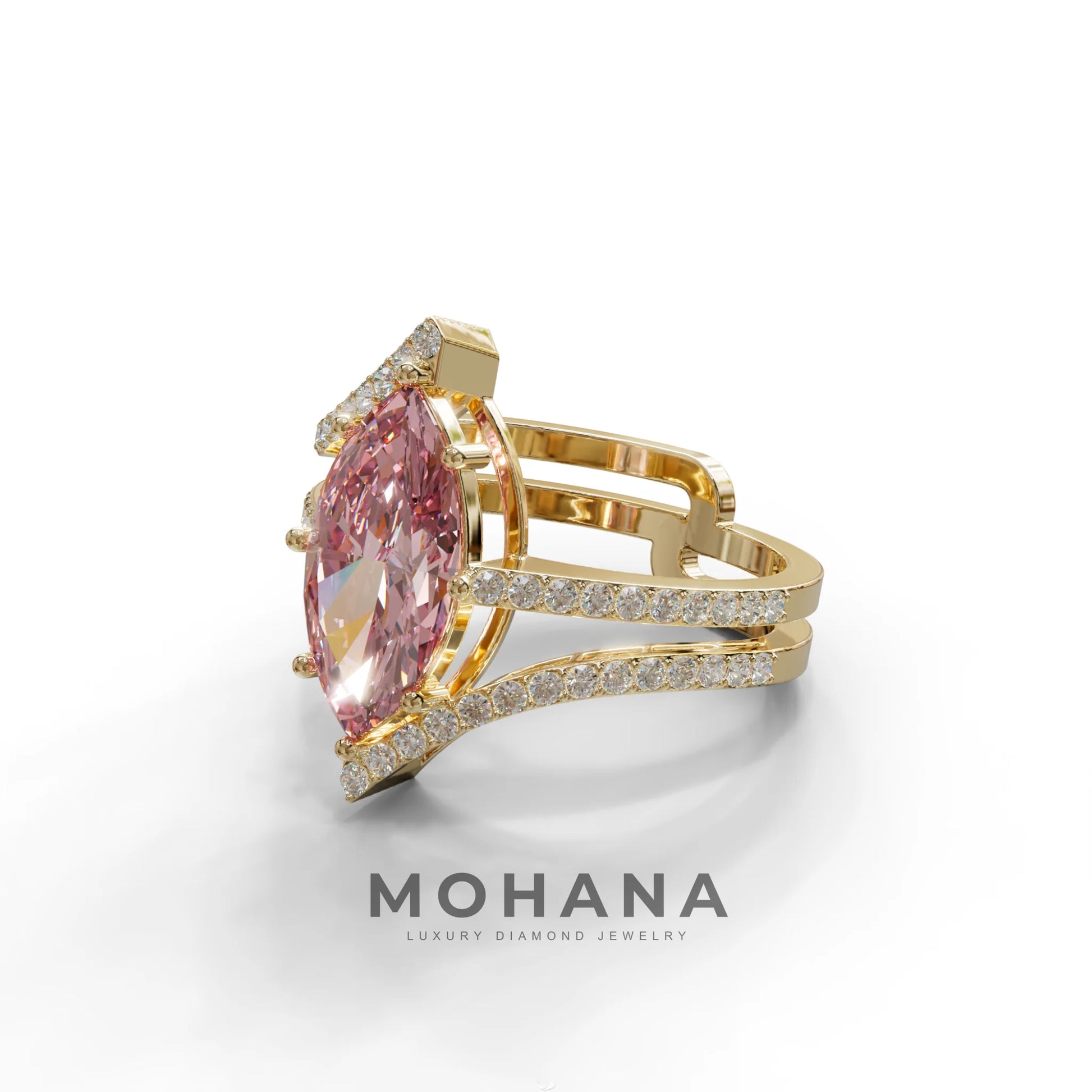 3 Carat Marquise Cut Pink Lab Diamond Ring with Double Pave Setting