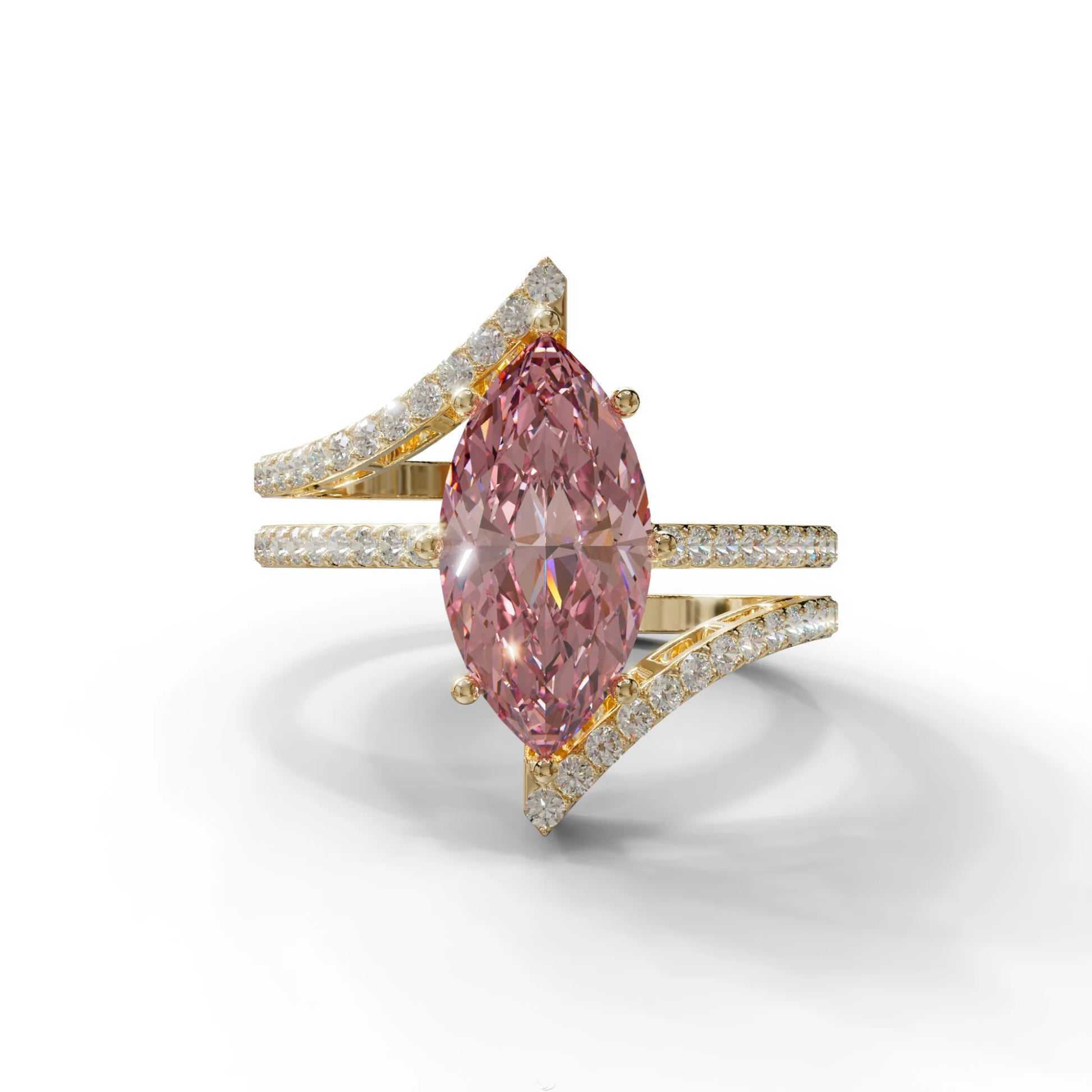 3 Carat Marquise Cut Pink Lab Diamond Ring with Double Pave Setting - 10K Solid Gold / Yellow Gold